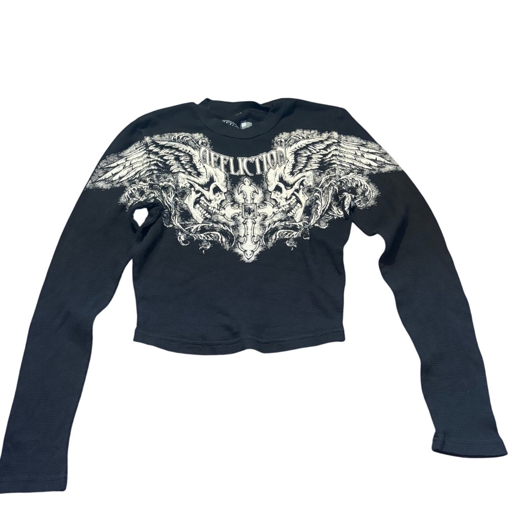 Affliction Mens Small Black Thermal Long Sleeve Graphic Shirt Skull goth alt emo